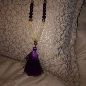 Purple fringe necklace with beads 14 inches